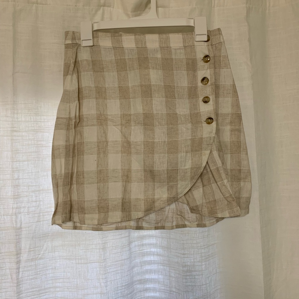 Madewell Beige Plaid Mini Skirt with Button Accents